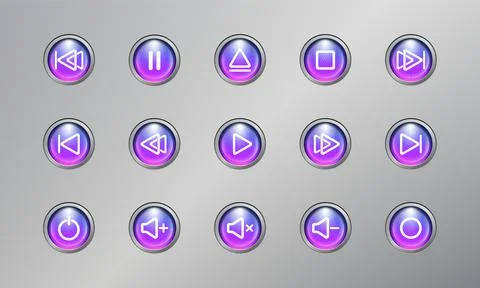 Media player button icon control set 3d realistic modern blue and purple colo Illustrazione stock