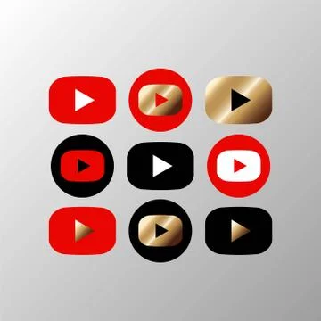 Media player button icon set in black red gold color on an isolated white bac Stock Illustration