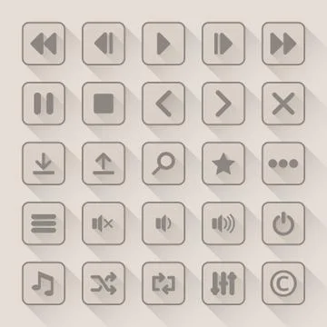 Media player button icons set with long shadow Stock Illustration