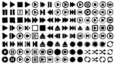 Media player button icons set in hand drawn brush stroke style with playbac.. Stock Illustration