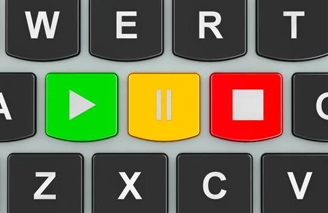 Media player buttons on a computer keyboard, 3D rendering Illustrazione stock