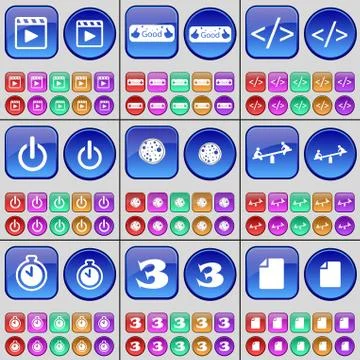 Media player, Like, Code, Power, Pizza, Swing, Stopwatch, Three, File. A large s Illustrazione stock