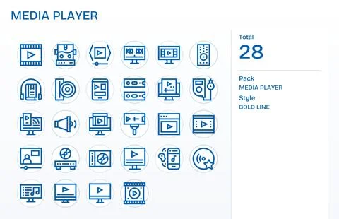 Media Player Comprehensive Vector Bundle with 28 Detail Enhanced Bold Line .. Stock Illustration