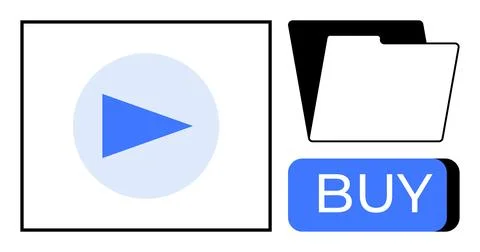 Media Player Icon, File Folder Symbol, and Buy Button for Online Media Concep Illustrazione stock