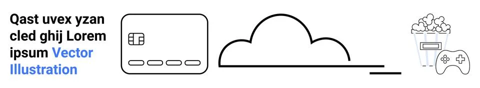 Media player interface, cloud storage icon, popcorn box, and gaming console.  Illustrazione stock