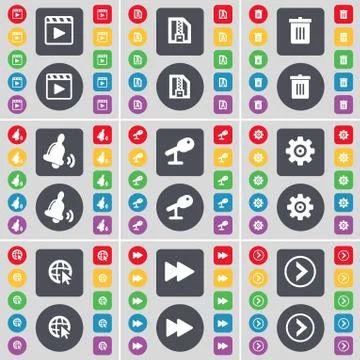 Media player, ZIP file, Trash can, Bell, Microphone, Gear, Web cursor, Rewind, A Stock-Illustration