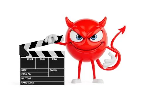 Media Production And Creative Control Concept. Red Evil Cartoon Character H.. Stock Illustration