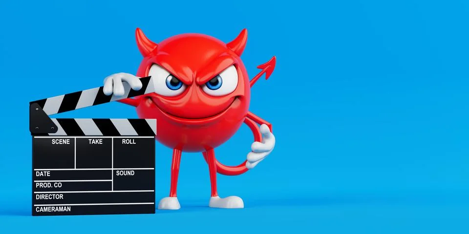 Media Production And Creative Control Concept. Red Evil Cartoon Character H.. Stock Illustration