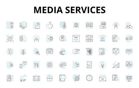 Media services linear icons set. Advertising, Broadcasting, Content 스톡 일러스트