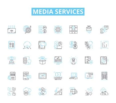 Media services linear icons set. Advertising, Broadcasting, Content 스톡 일러스트
