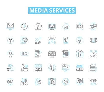 Media services linear icons set. Advertising, Broadcasting, Content 스톡 일러스트