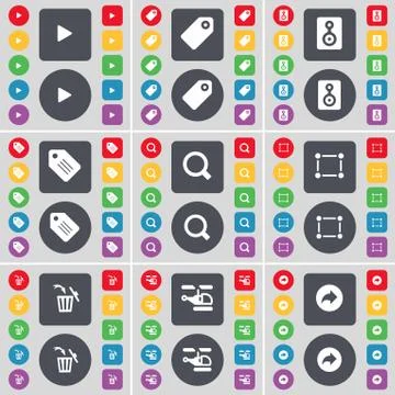 Media skip, Tag, Speaker, Magnifying glass, Frame, Trash can, Helicopter, Back i Stock Illustration