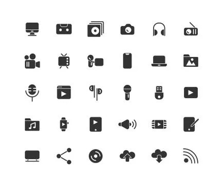 Media solid icon set, Vector and Illustration. Stock Illustration