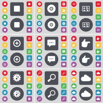 Media stop, Disk, Contact, Plus, Chat bubble, Hand, Gear, Magnifying glass, Clou Stock Illustration