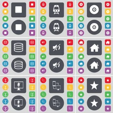 Media stop, Train, Disk, Database, Mute, House, Monitor, Connection, Star icon s Illustrazione stock