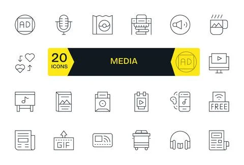 Media Vector Graphics Pack including 24 Thin Line 256x256 Grid Fitted Icons Stock Illustration