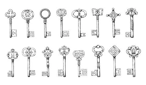 Mediaeval keys. Hand drawn antique sketch elements. Retro door opener types Stock Illustration