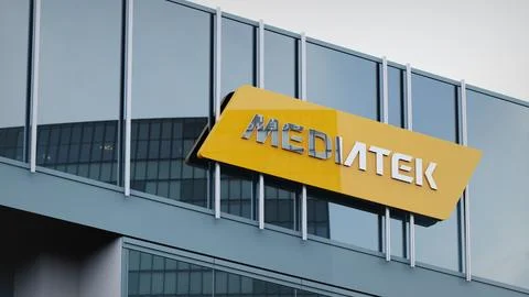 MediaTek Stock data presented on the logo of the office facade editorial Stock Photos