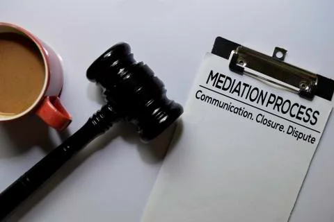 Mediation Process text on Document and gavel isolated on office desk. Stock Photos