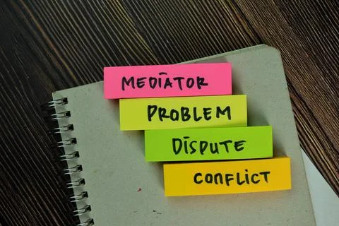 Mediator, Problem, Dispute, Conflict write on sticky notes isolated on Wood.. Stock Photos