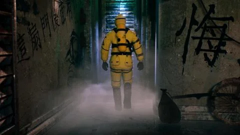 A medic in a bacteriological protection suit returns home. Man in yellow Stock Illustration