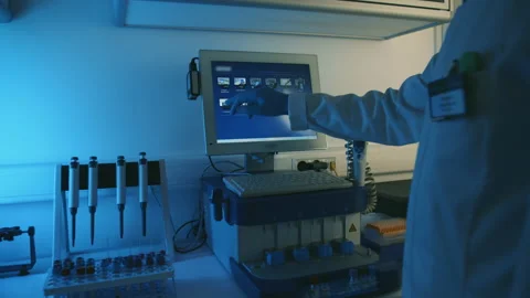 Medic Doctor Working on Computer. Blood Test Laboratory. Professional Stock Footage 173477561