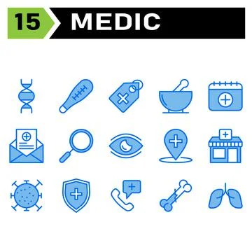 Medic icon set include biology, heredity, genetics, biotechnology, molecules, Stock Illustration