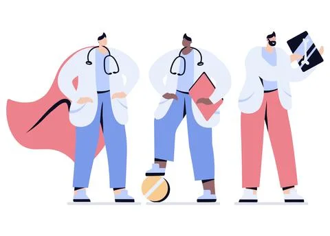Medic people vector doctors and nurses doctor wearing super hero raincoat Stock Illustration