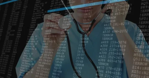 Medic shifting stethoscope on error code overlay while blue scan bar sweeping Stock Footage 314141422