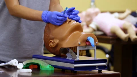 Medic shows how to insert oxygen tube in nose of a medical dummy.  Stock Footage 148827150