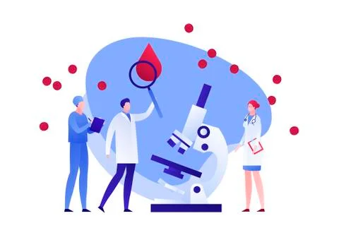 Medic team with magnifier and microscope study blood drop cell Stock Illustration