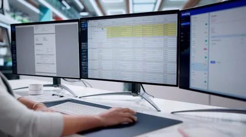 Medical Accountant Using Computer Software In Office Payroll Processing Stock Photos