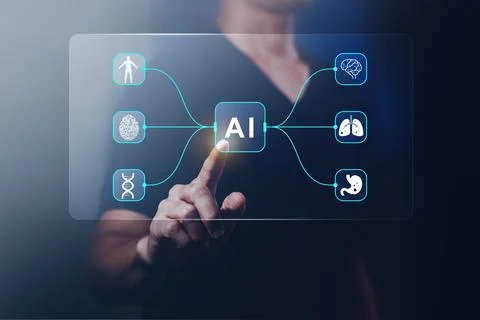 Medical AI system interface with human health icons and data analysis concept Stock Photos
