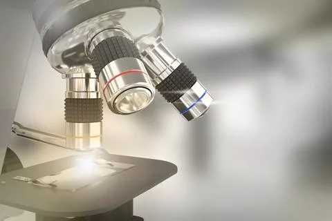 Medical analysis concept,  microscope with flare on bokeh background Illustrazione stock