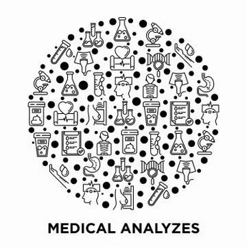 Medical analyzes concept in circle with thin line icons Stock Illustration