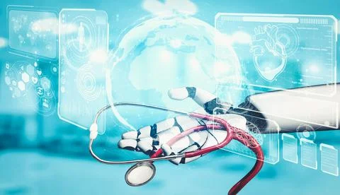 Medical artificial intelligence droid robot working in future hospital Stock Illustration