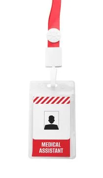 Medical assistant badge with string on white background Stock Photos