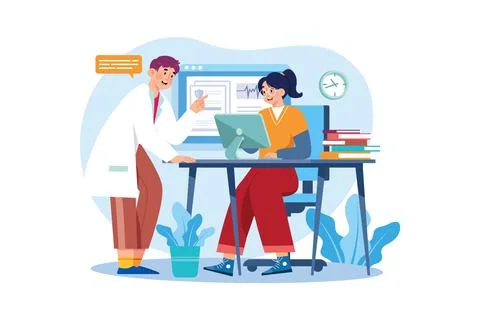 Medical assistant checking medical data in computer Illustrazione stock