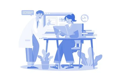 Medical Assistant Checking Medical Data In Computer Stock Illustration