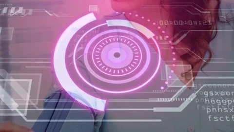 Medical assistant placing cuff and activating monitor, pink HUD pulsing over Stock Footage 333817574