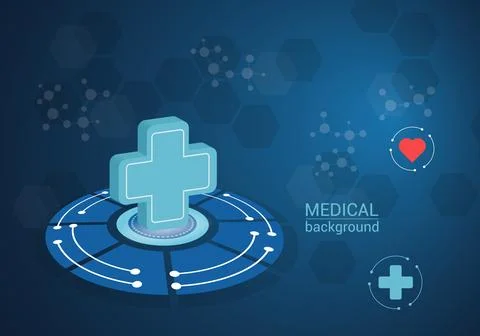 Medical background with digital elements, cross, heart and molecules Illustrazione stock