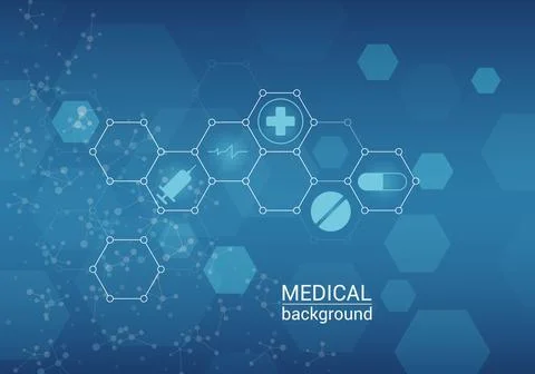 Medical background with elements of octagons, molecules, pills, syringe and Stock Illustration