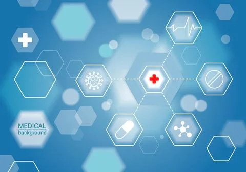 Medical background with elements of virus, molecules, pills, heartbeat and Stock Illustration