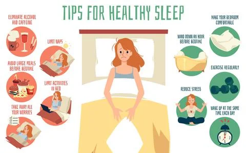 Medical banner with tips for healthy sleep, flat vector illustration. Stockillustratie