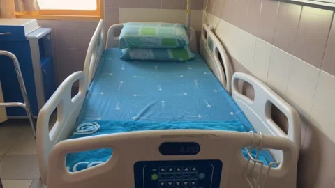 Medical bed, walker. Functional bed for bedridden patients. Stock Footage 277994884