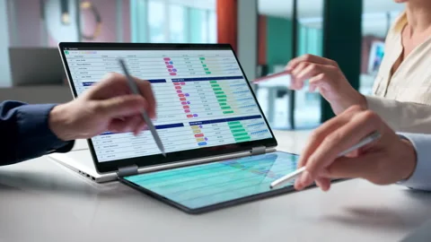 Medical Billing Analyst Reviews Coding Spreadsheets On Laptop Stock Footage 338169110