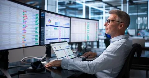 Medical Billing Analyst Studies Coding Spreadsheets On Laptop, Ensuring Accur Stock-Fotos