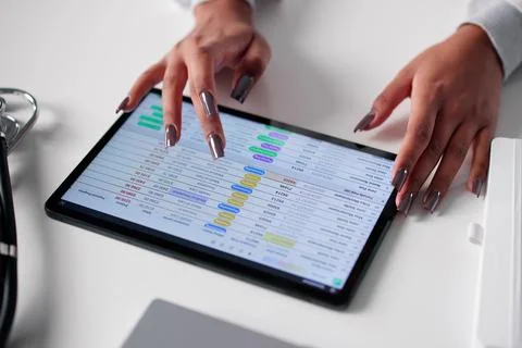 Medical Billing And Coding Audit With Woman Using Tablet In Hospital. 스톡 사진