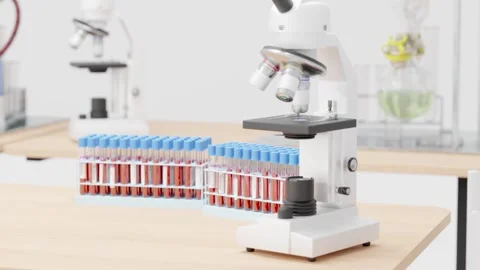 Medical blood testing at laboratory, microscope, vials of blood Stock Footage 284549167