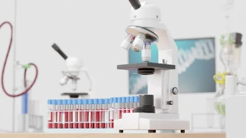 Medical blood testing at laboratory, microscope, vials of blood Stock Footage 284549177
